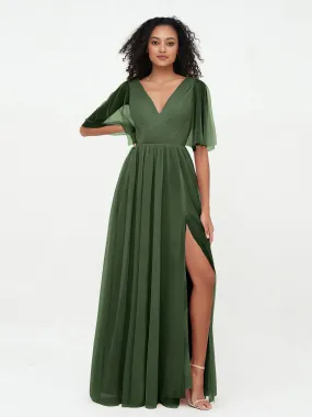 A-ligne Col en V Robes Maxi en Tulle avec Dos en V Profond Olive Verte Grande Taille