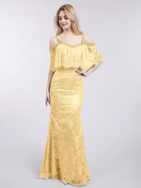 Bretelle Spaghetti Sirène Dentelle Robe Or Grande Taille