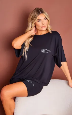 PRETTYLITTLETHING Ensemble de pyjama t-shirt oversize & short effet peau de pêche noir à slogan