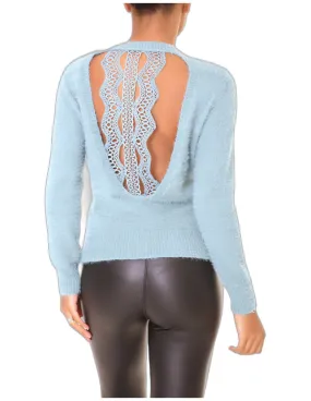 Pull doux bleu turquoise court col rond à décolleté plongeant dans le dos et dentelles transparentes