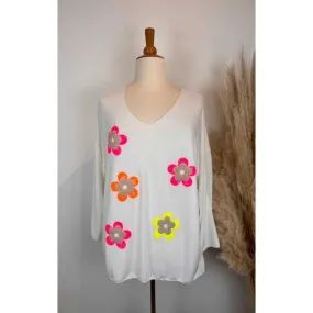 Pull fleurs col v grande taille