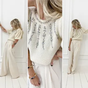 Pull écru à strass manches bouffantes