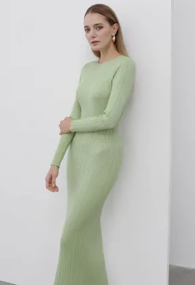 Robe longue ajustée en tricot texturé à rayures, pistache