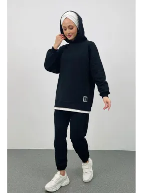 Text Hooded Basic Oversize Black Top And Bottom Tracksuit Set Black